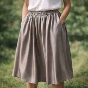 Gene Ewing Bis Silk Midi Skirt – Women's M Tan Elastic Waist‎ Gathered